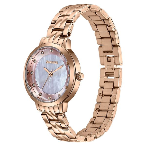 Sonata Jashn Quartz Analog Pink Mother Of Pearl Dial Rose Gold Metal Strap Watch For Women - image number 2