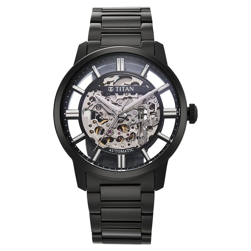 Titan See-Through Skeletal Automatic Analog with Black Dial Black Stainless Steel Strap Watch for Men