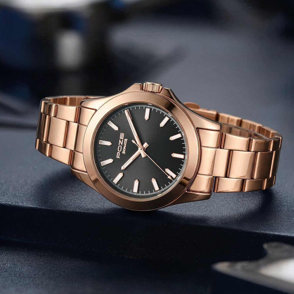 Sonata Poze Quartz Analog Black Dial Rose Gold Stainless Steel Strap Watch For Men-image-30