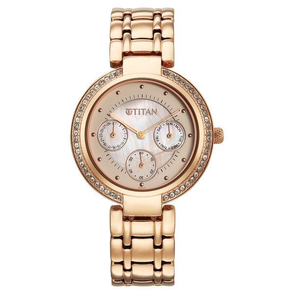 Titan Purple Eternal Quartz Analog Off White Dial Rose Gold Metal Strap Watch For Women - image number 0
