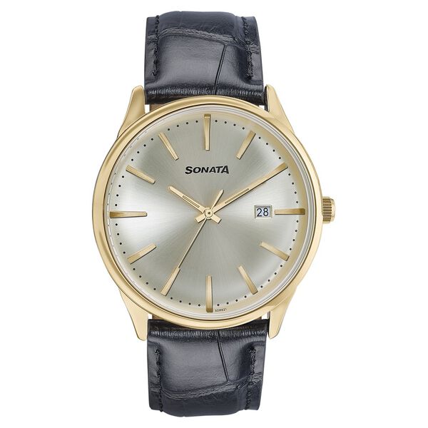 Sonata Wedding Edit Quartz Analog with Date Golden Dial Leather Strap Watch For Men - image number 1