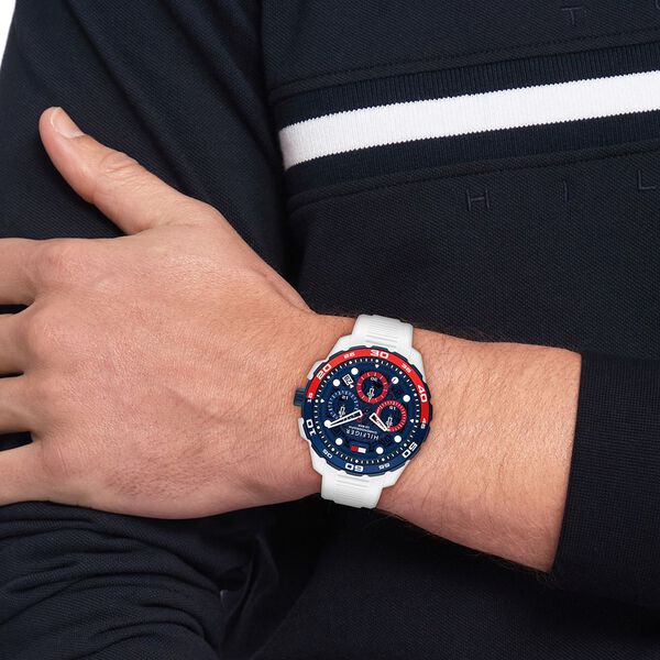 Tommy Hilfiger Quartz Chronograph Blue Dial White Silicone Strap Watch For Men - image number 2