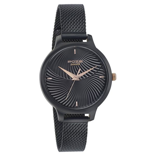 Poze by Sonata Quartz Analog Black Dial Stainless Steel Strap Watch for Women - image number 1
