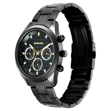 Sonata Multifunction Black Dial Black Metal Strap Watch For Men
