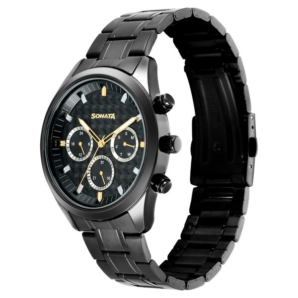Sonata Multifunction Black Dial Black Metal Strap Watch For Men - image number 2