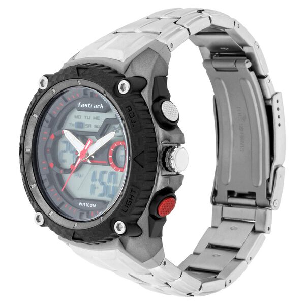 Fastrack Deux Machina Quartz Analog Digital Red Dial Stainless Steel Strap Watch for Guys - image number 2