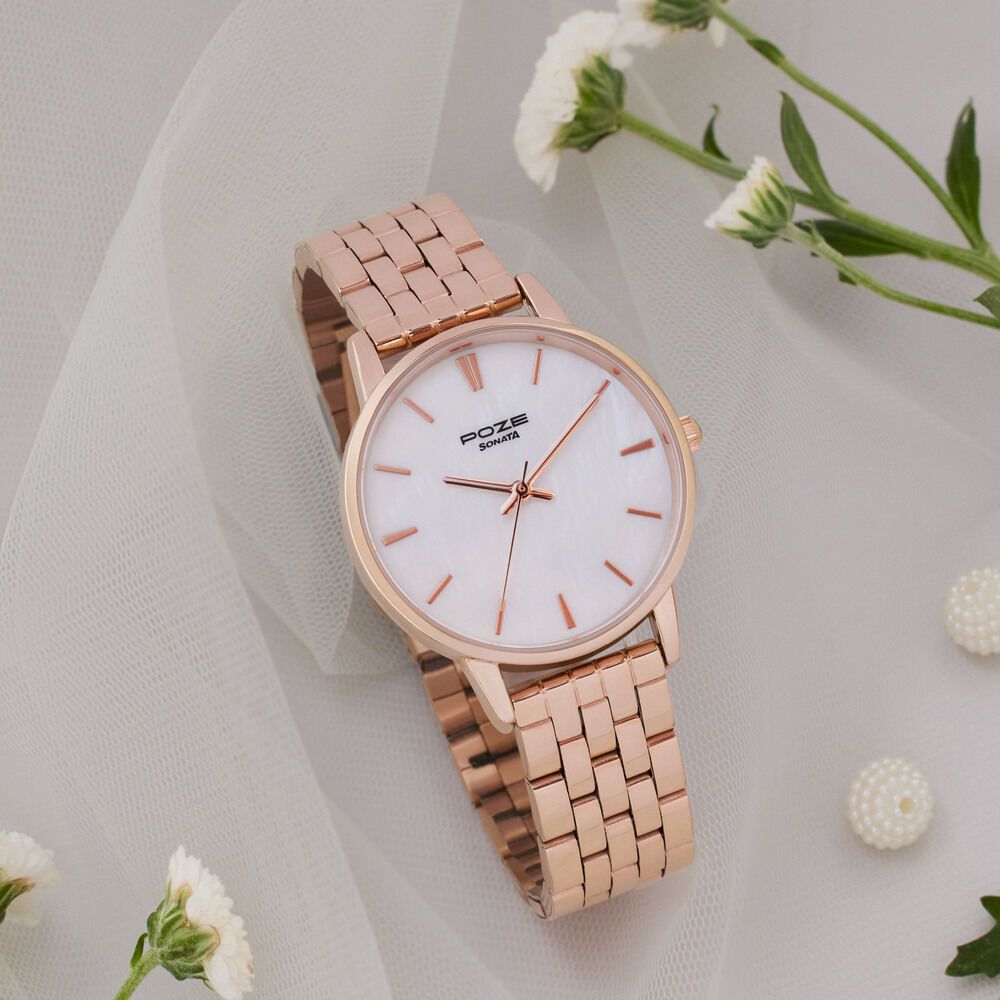 Buy Online Sonata Poze Quartz Analog Mother of Pearl Dial Rose Gold Color Stainless Steel Strap Watch For Women sp80083wm01w Titan