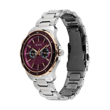Titan Regalia Opulent Two-Eye Multifunction Burgundy Panda Dial Stainless Steel Strap Watch For Men