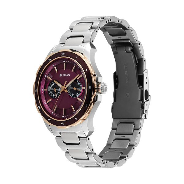 Titan Regalia Opulent Two-Eye Multifunction Burgundy Panda Dial Stainless Steel Strap Watch For Men - image number 2