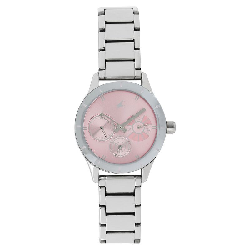 Fastrack Quartz Multifunction Pink Dial Stainless Steel Strap Watch for Girls
