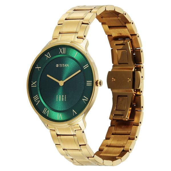 Titan Edge Gleam Quartz Analog Green Dial Golden Stainless Steel Strap Watch For Men - image number 2