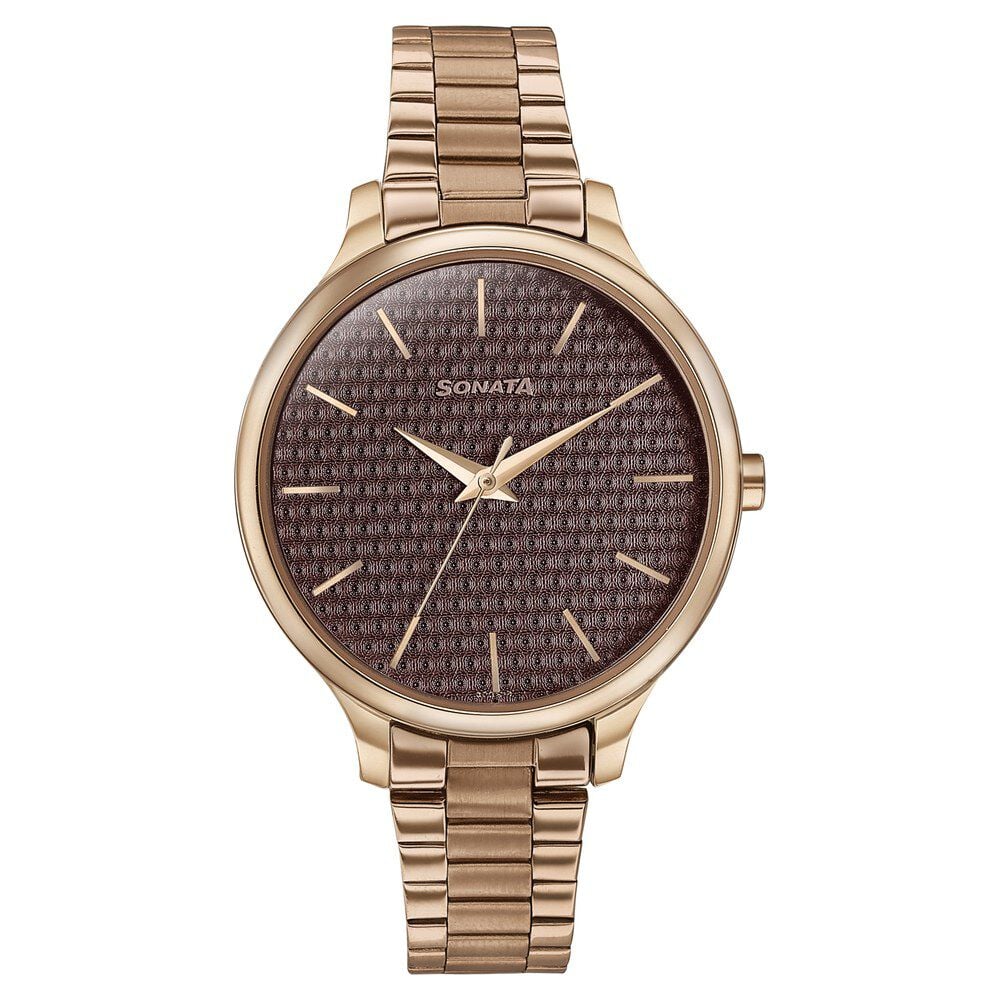 Sonata Wedding Bling Quartz Analog Brown Dial Rose Gold Stainless Steel Strap Watch for Women-picture-35
