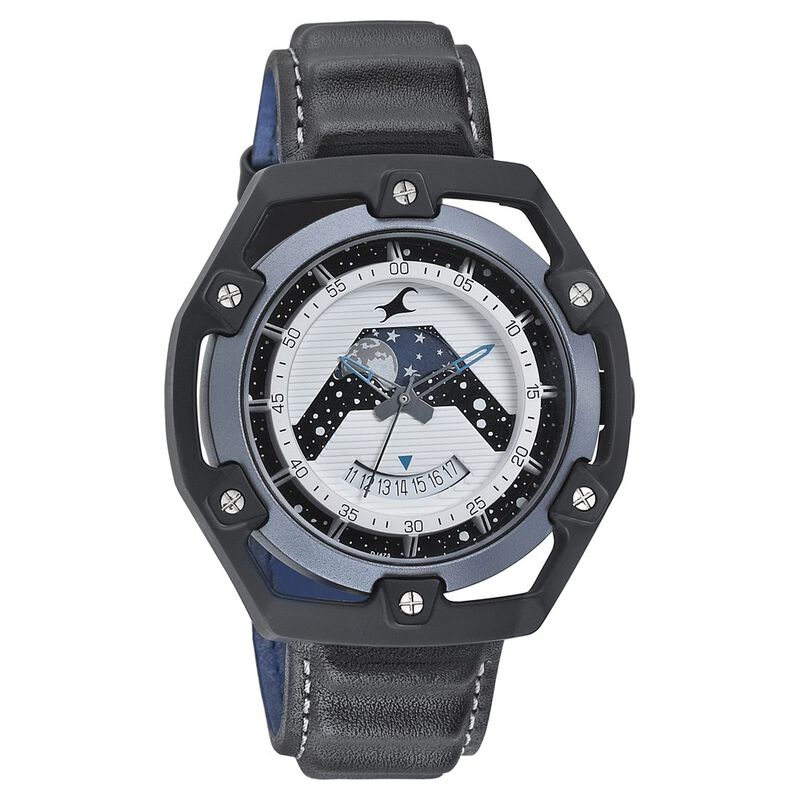 Fastrack Space Rover Quartz Analog Moonphase White Dial Leather Strap Watch for Guys