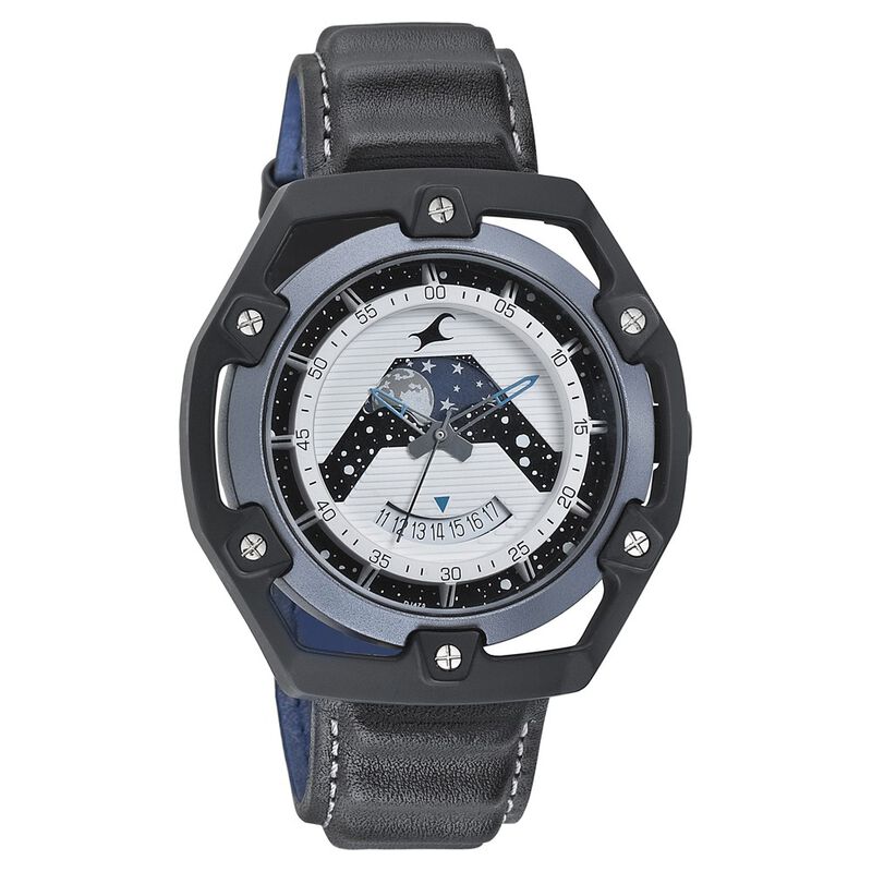 Fastrack Space Rover Quartz Analog Moonphase White Dial Leather Strap Watch for Guys - image number 0