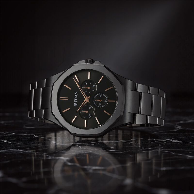 Titan Classic Slim Multifunction Quartz Multifunction Black Dial Stainless Steel Strap Watch For Men