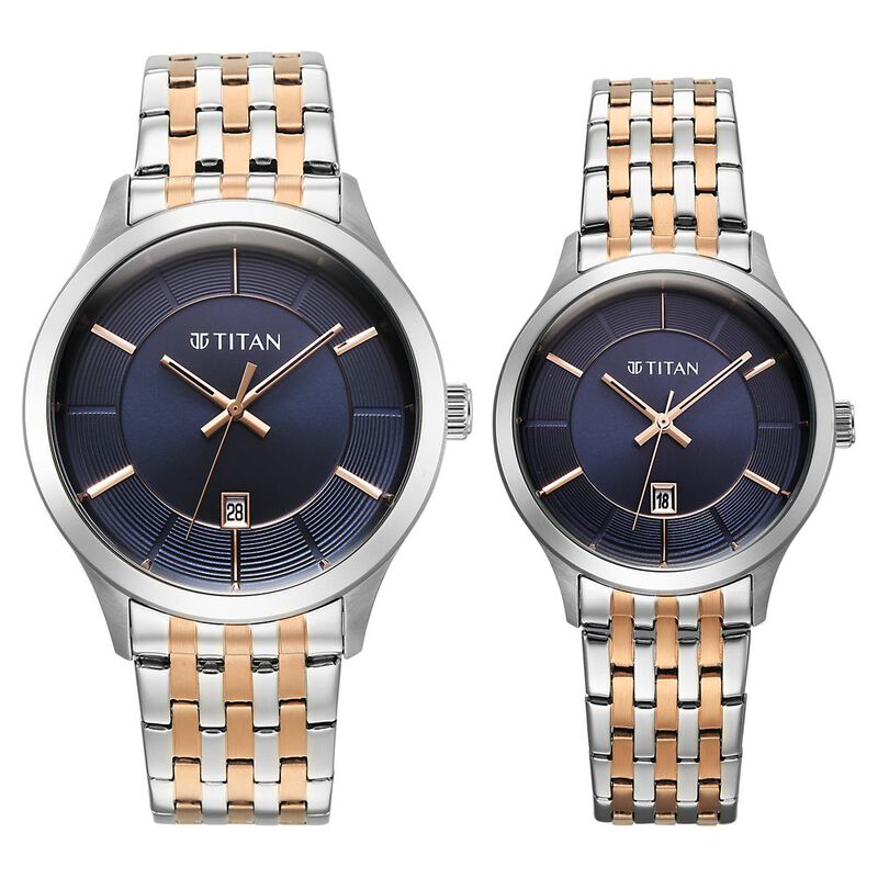 Titan Modern Bandhan Pair Analog with Blue Dial Dual-Tone Rose Gold Stainless Steel Strap Watch for Couples