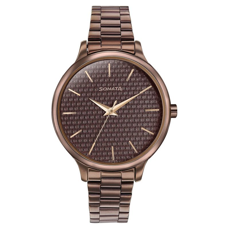 Sonata Wedding Bling Quartz Analog Brown Dial Brown Stainless Steel Strap Watch for Women