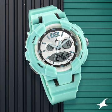 Fastrack Street Line Quartz Digital Analog Digital Silver Dial Green PU Strap Watch For Girls