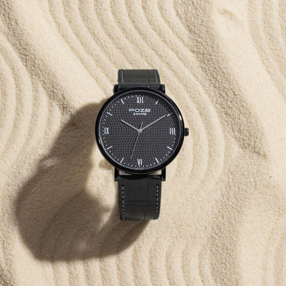Sonata Poze Quartz Analog Black Dial Leather Strap Watch For Men-image-17