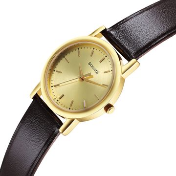 Sonata Classic Quartz Analog Champagne Dial Brown Leather Strap Watch for Men