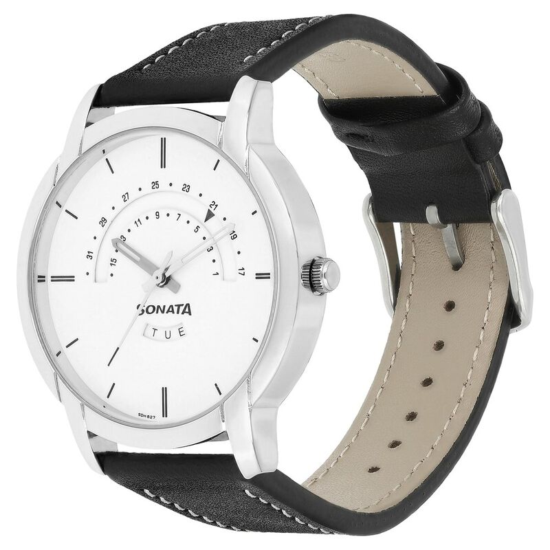 Sonata Quartz Analog with Day and Date White Dial Leather Strap Watch for Men - image number 2