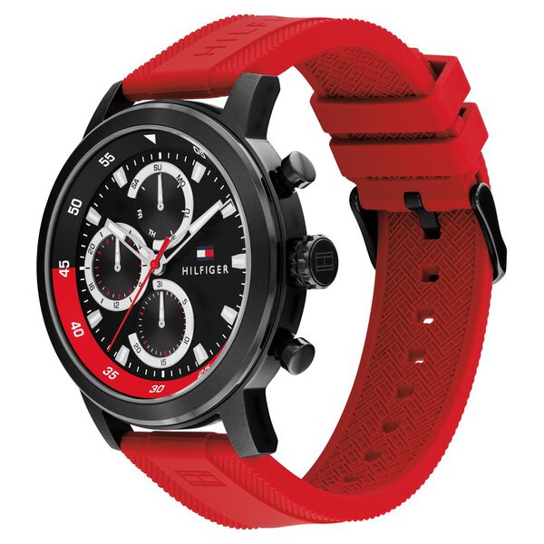 Tommy Hilfiger Quartz Multifunction Black Dial Red Silicone Strap Watch For Men - image number 1