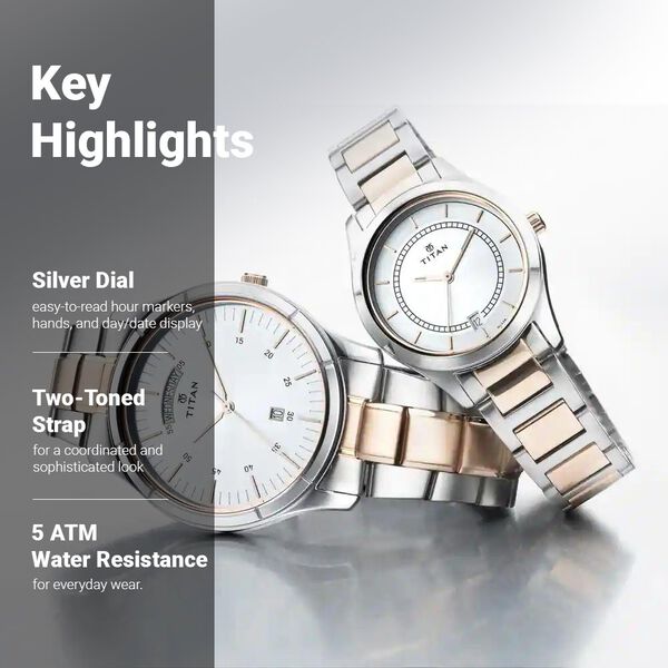 Titan Bandhan Quartz Analog with Day and Date Silver Dial Stainless Steel Strap Watch for Couple - image number 2