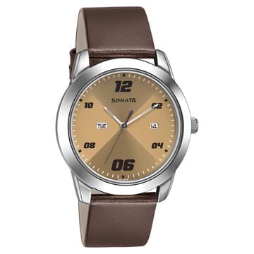 Sonata RPM Quartz Analog with Day and Date Beige Dial Leather Strap Watch for Men