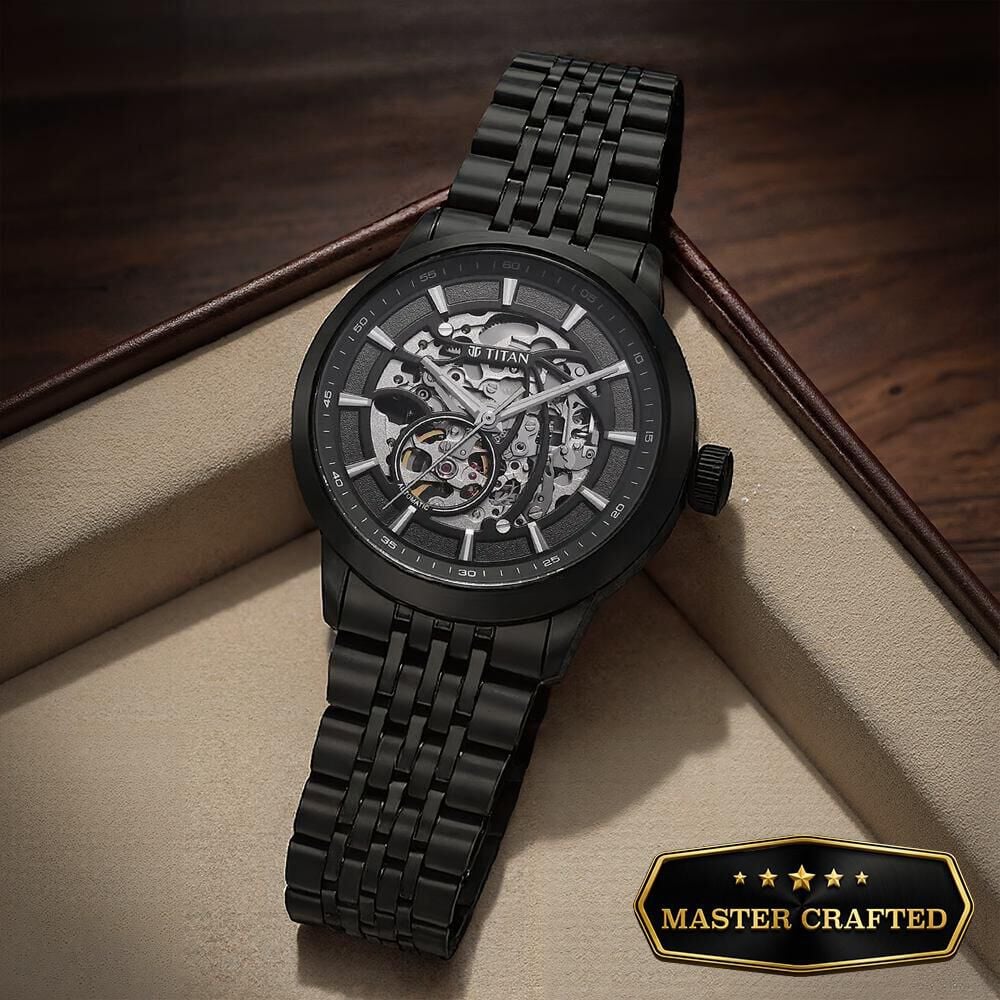 Titan Phoenix Skeletal Automatic Analog with Gun Dial Black Stainless Steel Strap Watch for Men-picture-14