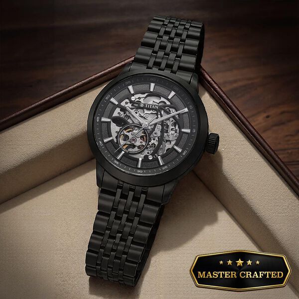 Titan Phoenix Skeletal Automatic Analog with Gun Dial Black Stainless Steel Strap Watch for Men - image number 0