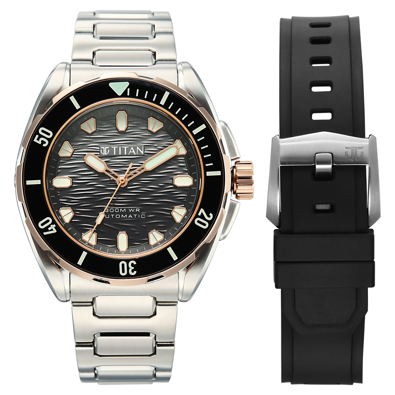 Titan Zero Hour Diver's 300m Automatic Analog with Black Dial Silver Stainless Steel & Black FKM Strap Watch for Men