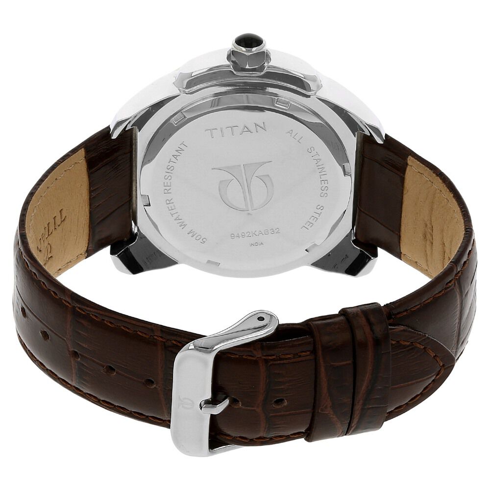Buy Online Titan Quartz Analog with Date White Dial Leather Strap