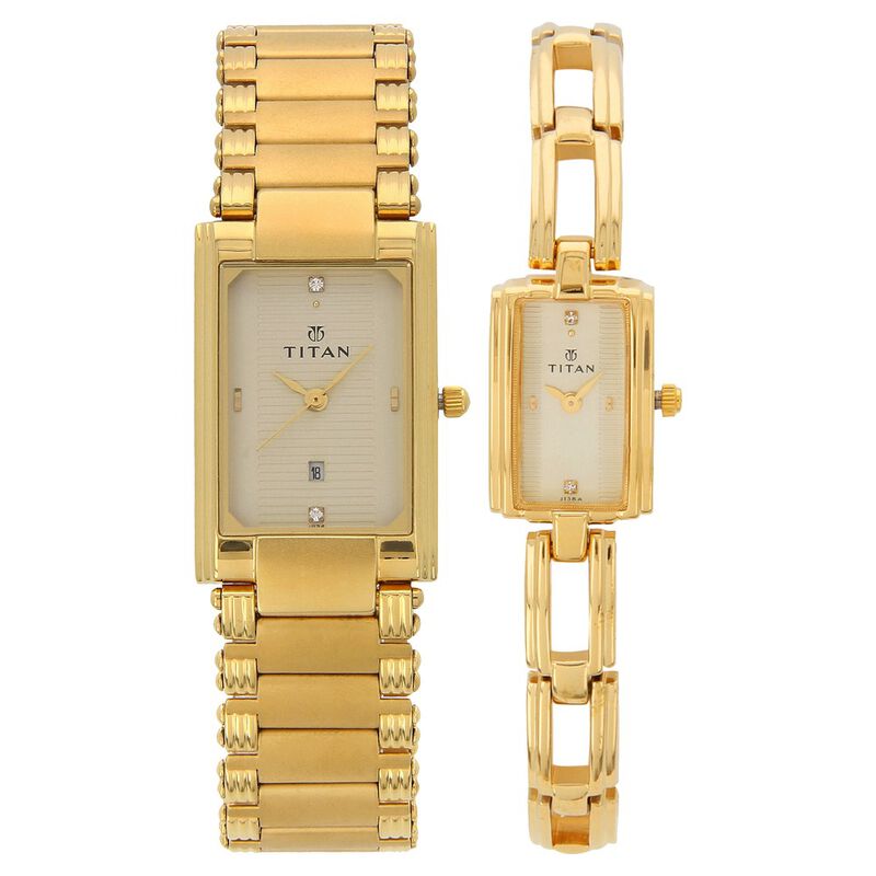 Titan Quartz Analog with Date Champagne Dial Stainless Steel Strap Watch for Couple
