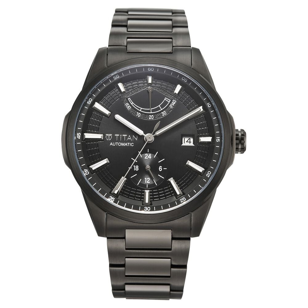 Titan Aion Concealed Automatic Analog with Power Reserve Indicator Black Dial Black Stainless Steel Strap Watch for Men-picture-16
