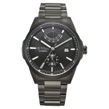 Titan Aion Concealed Automatic Analog with Power Reserve Indicator Black Dial Black Stainless Steel Strap Watch for Men