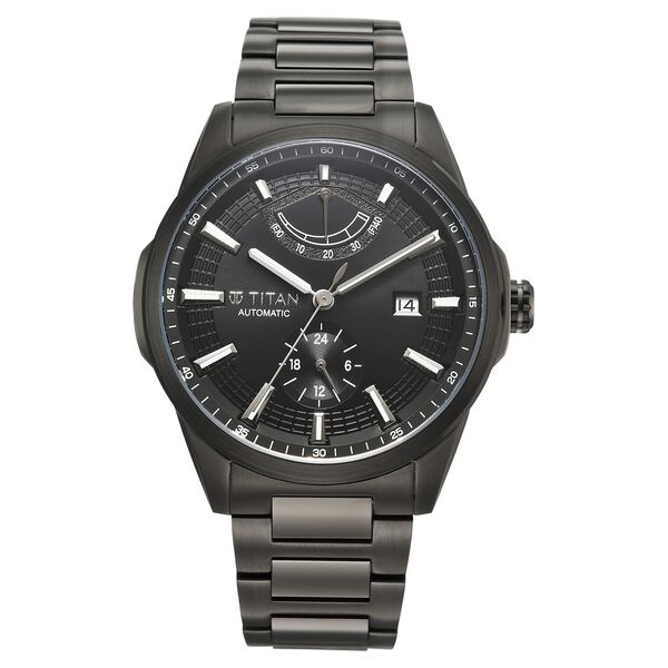 Titan Aion Concealed Automatic Analog with Power Reserve Indicator Black Dial Black Stainless Steel Strap Watch for Men - image number 0