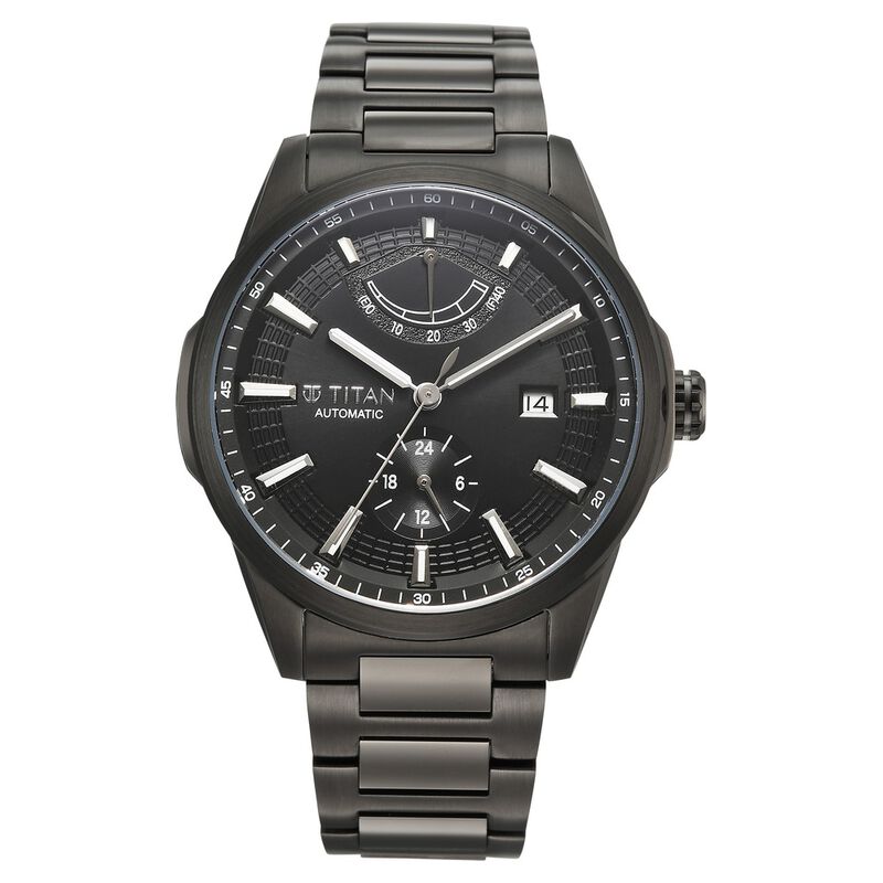 Titan Aion Concealed Automatic Analog with Power Reserve Indicator Black Dial Black Stainless Steel Strap Watch for Men
