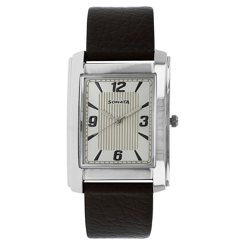 Sonata Quartz Analog Silver Dial Leather Strap Watch for Men
