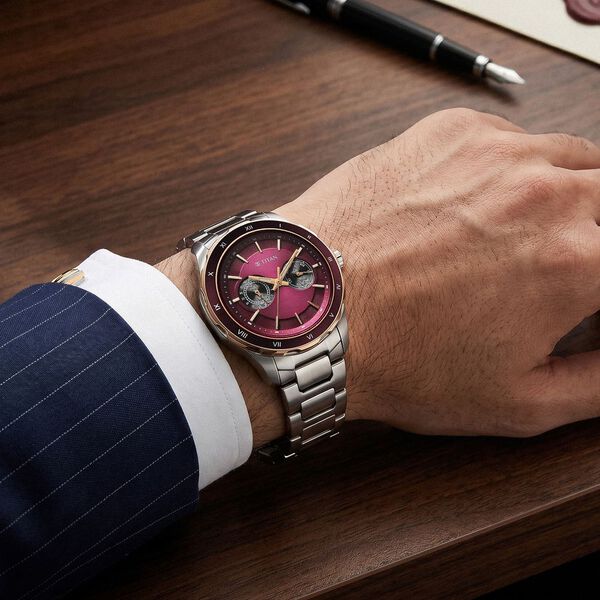 Titan Regalia Opulent Two-Eye Multifunction Burgundy Panda Dial Stainless Steel Strap Watch For Men - image number 7