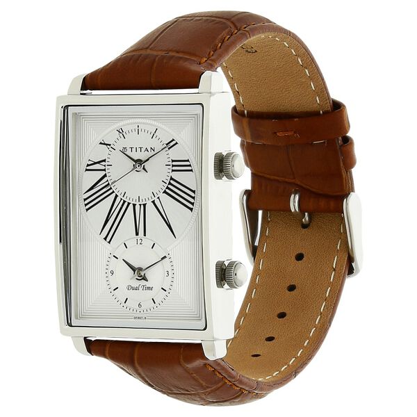 Titan Globe Trotter Silver Dial Dual Time Leather Strap watch for Men - image number 1