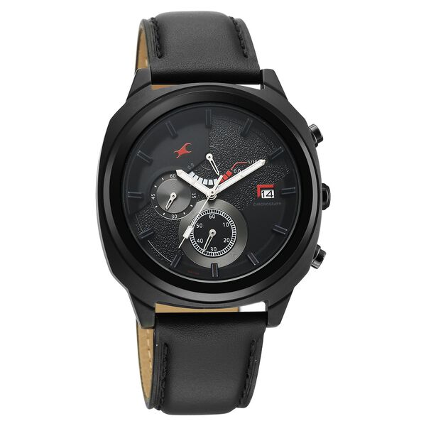 Fastrack Kronos Guys Chronograph Watch With Date Black Dial & Black Leather Strap - image number 1