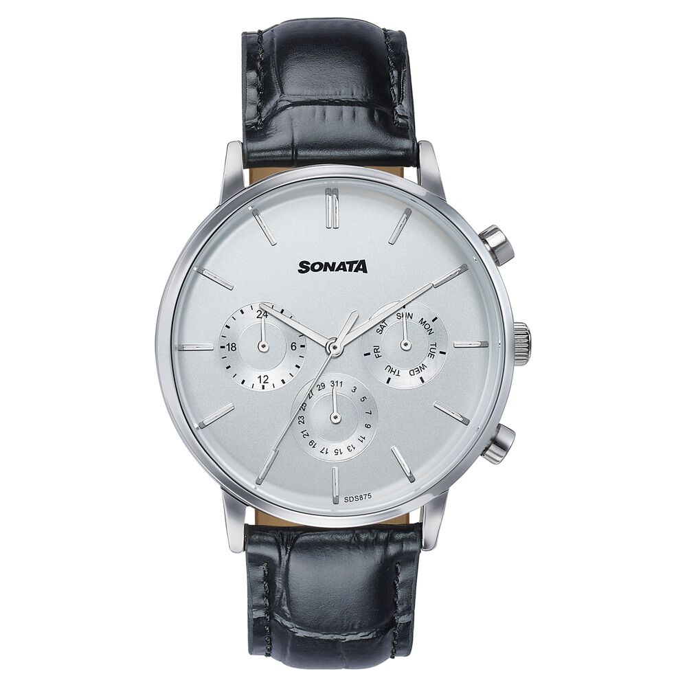 Buy Online Sonata Festive Quartz Multifunction Silver Dial Black