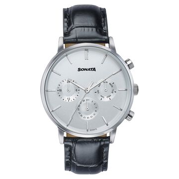 Sonata Festive Quartz Multifunction Silver Dial Black Leather Strap Watch For Men