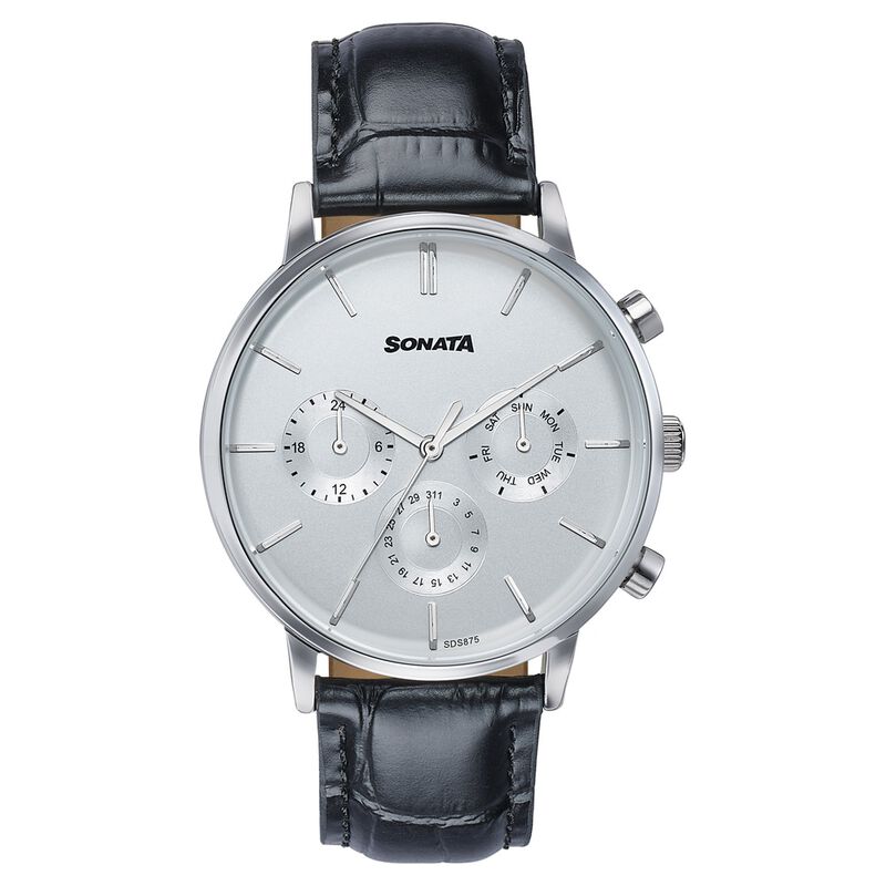 Sonata Festive Quartz Multifunction Silver Dial Black Leather Strap Watch For Men