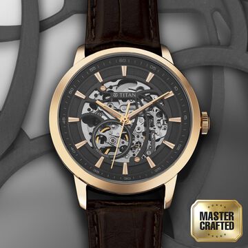 Titan Phoenix Skeletal Automatic Analog with Gun Dial Brown Leather Strap Watch for Men