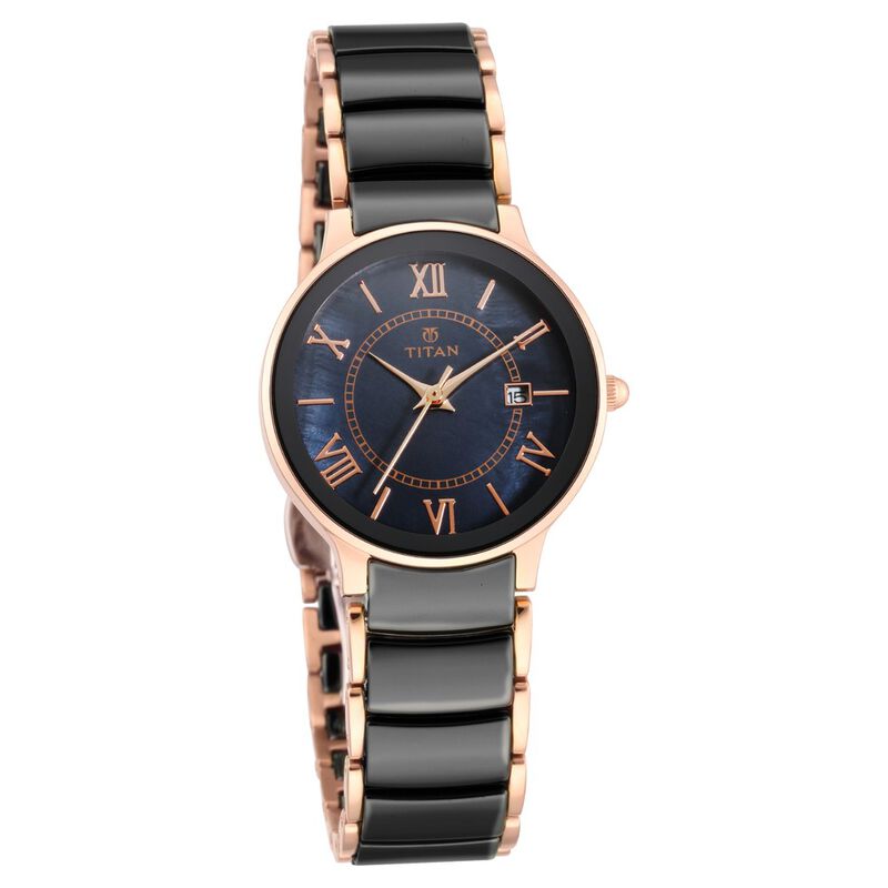 Titan Quartz Analog with Date Black Dial Stainless Steel & Ceramic Strap Watch for Women