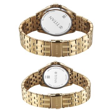 Titan Modern Bandhan Pair Analog with Black Dial Yellow Gold Stainless Steel Strap Watch for Couples