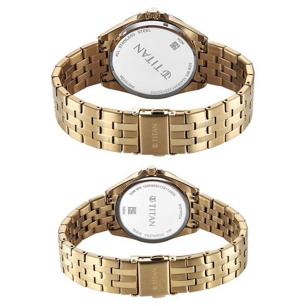 Titan Modern Bandhan Pair Analog with Black Dial Yellow Gold Stainless Steel Strap Watch for Couples - image number 4