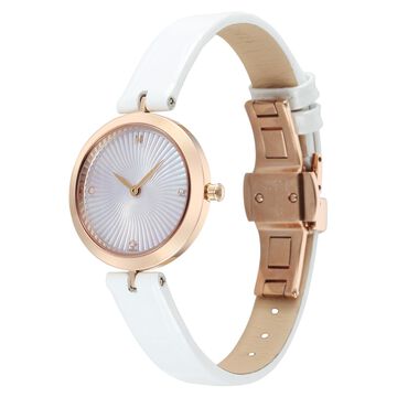 Titan Nebula Lotus 18 KT Gold Quartz Analog Mother Of Pearl Dial White Leather Strap Watch For Women
