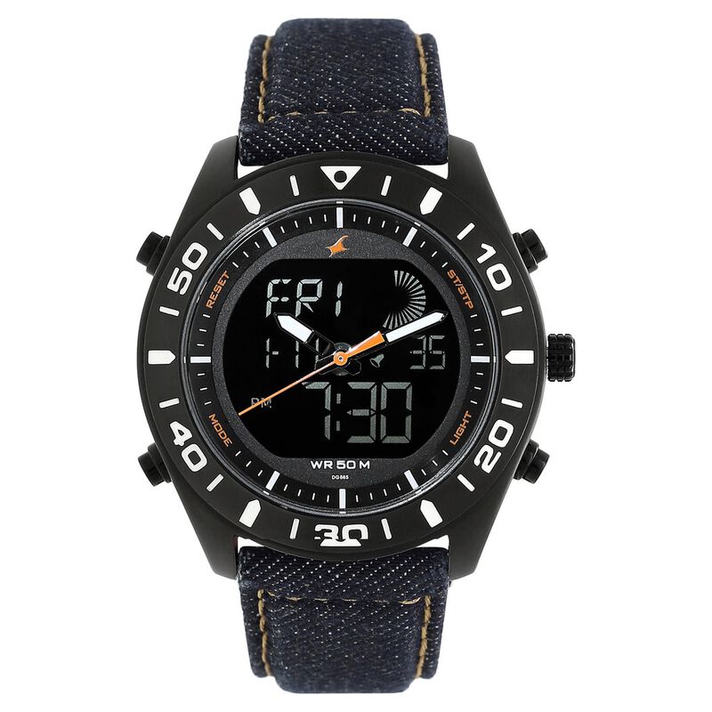 Fastrack Denim Quartz Analog Digital Black Dial Denim Strap Watch for Guys